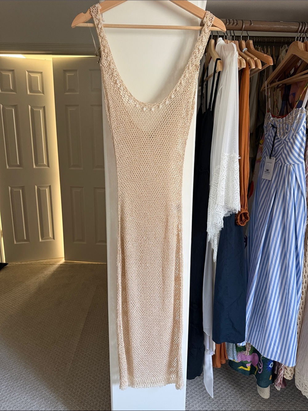 Mirror Palais Beige Beaded Crystal Crochet Dress in Champagne - Picture 5 of 9